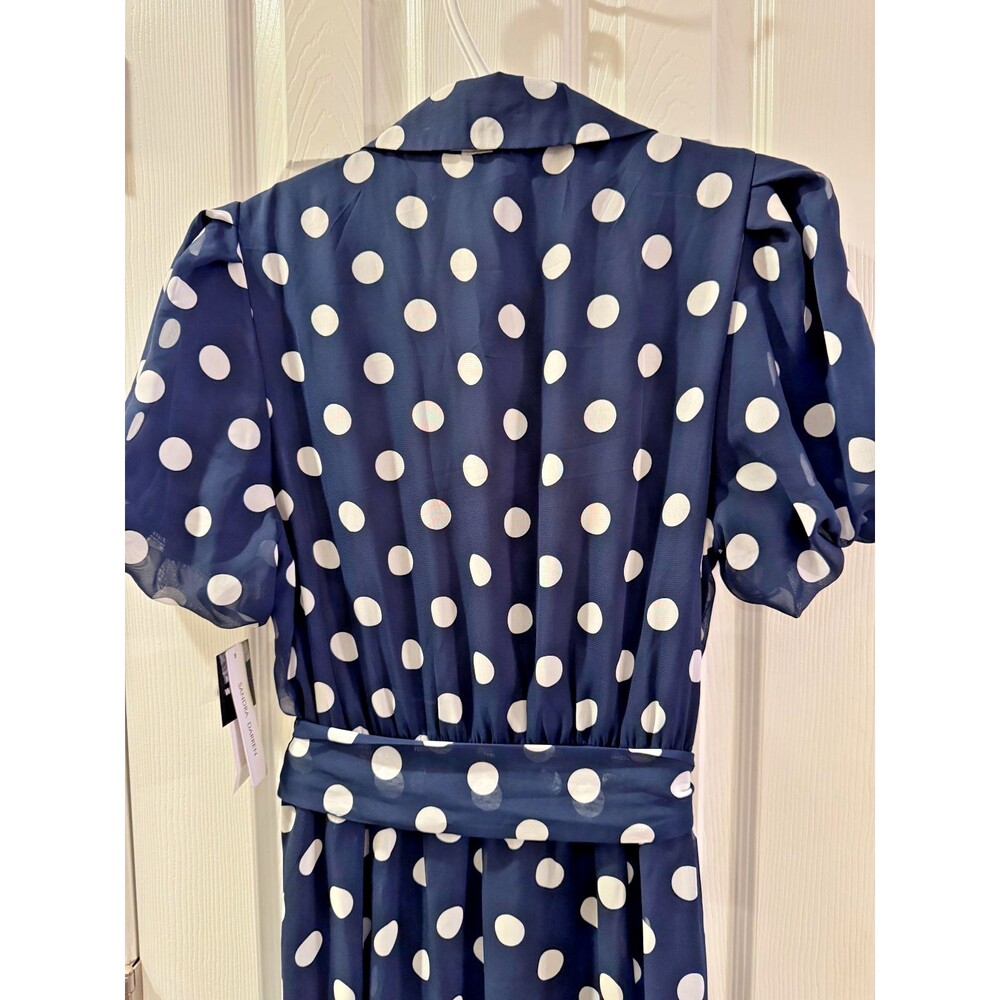 Sandra Darren Polka Dot Shirt Dress Navy Blue Midi Belted Button Front Sz L NWT - Picture 10 of 13